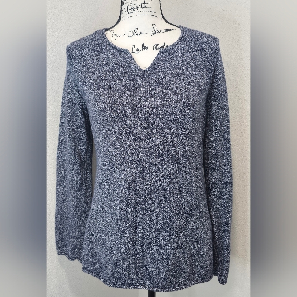 Eddie Bauer Women's Long Sleeve V-Neck Tight Knit Sweater Blue White Size Small
